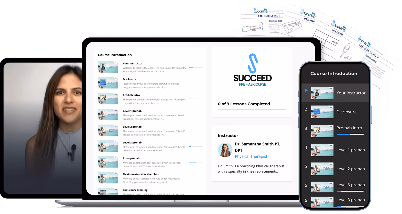 Succeed Pre-Hab Course interface on laptop, tablet, and mobile screens