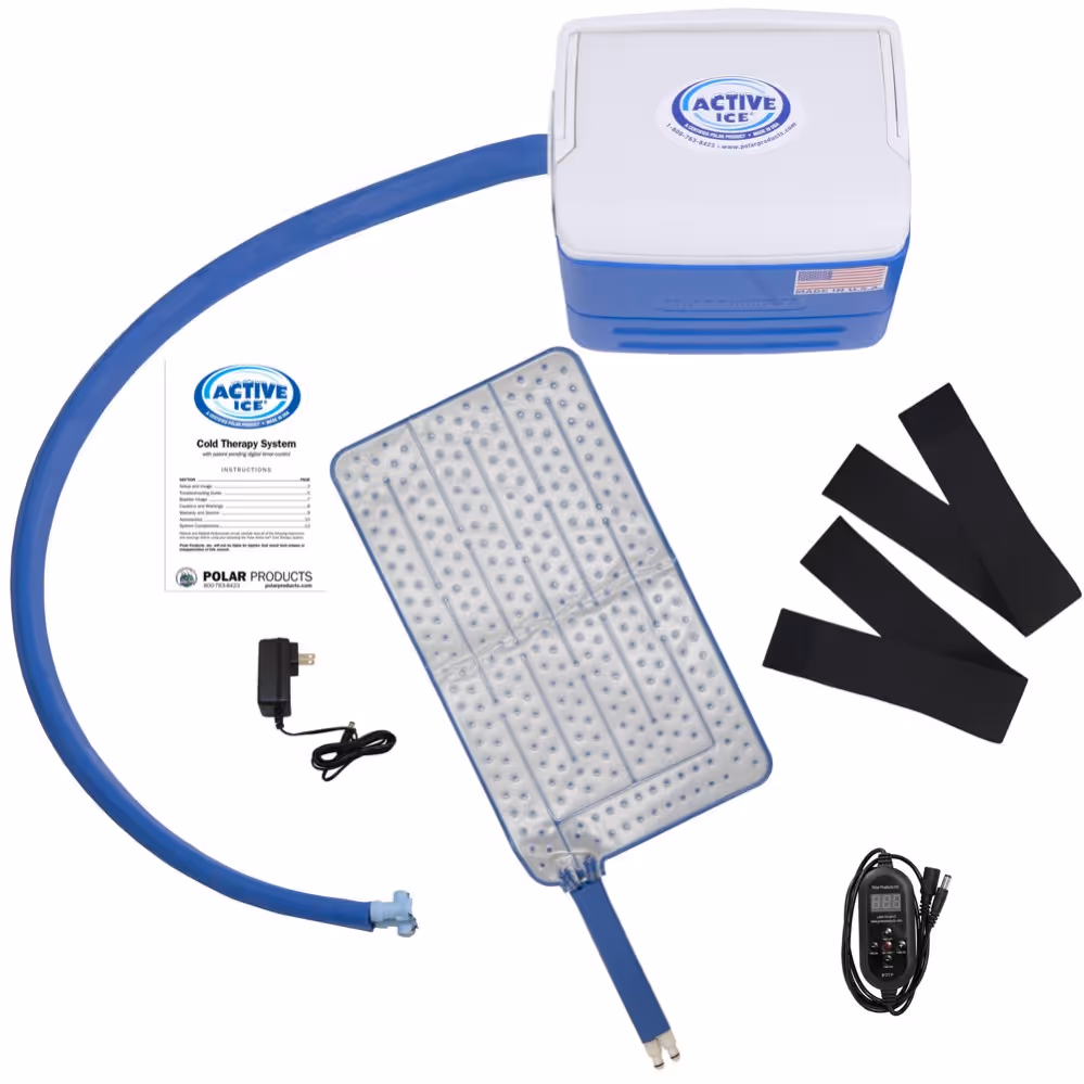 Active Ice cold therapy system with pad, control unit, and accessories