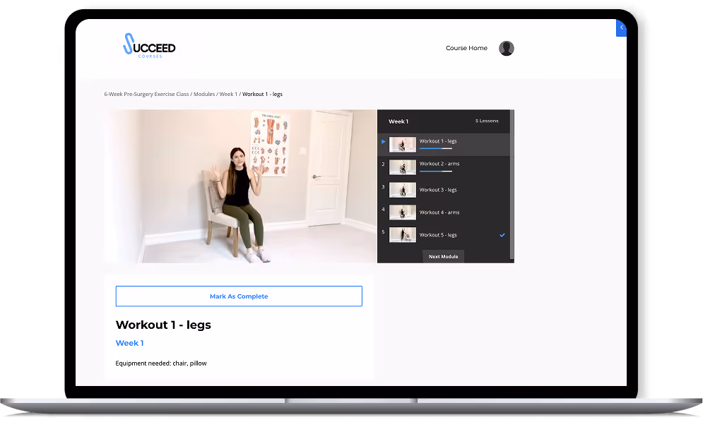 Online pre-surgery exercise class interface with workout video preview