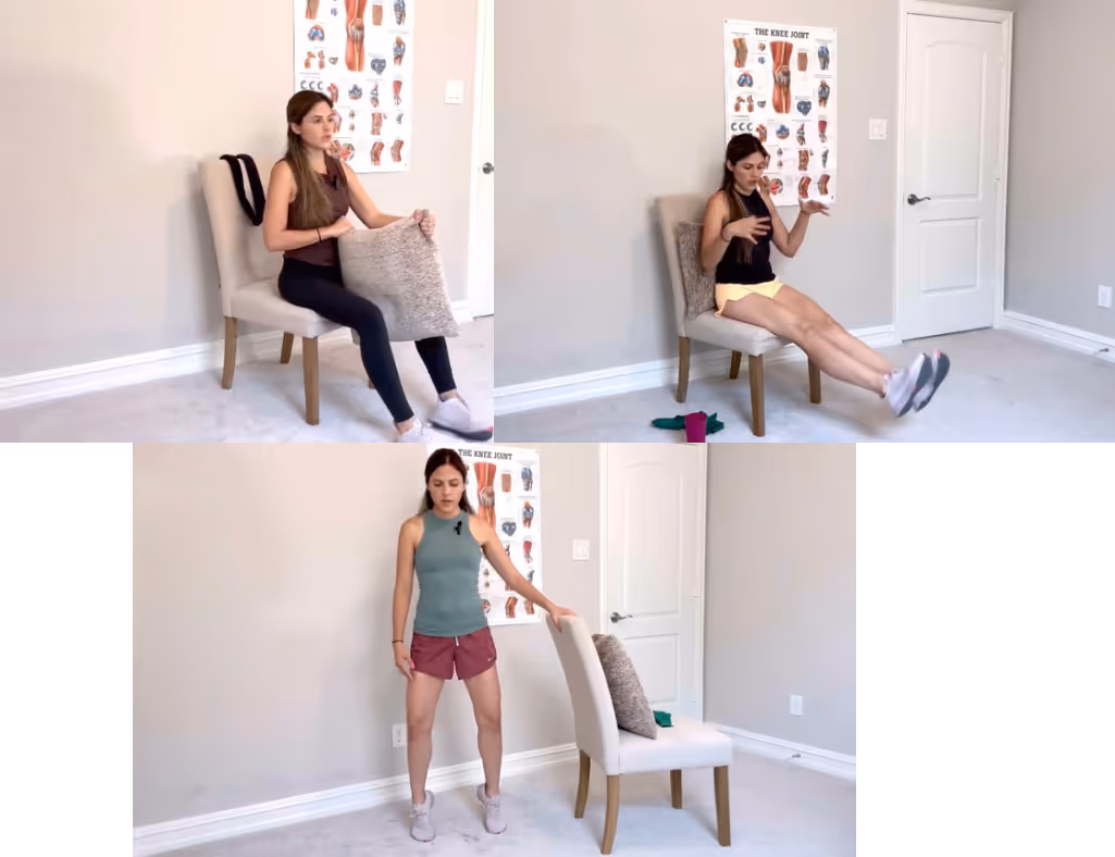 Woman demonstrating different poses with chair and anatomical poster