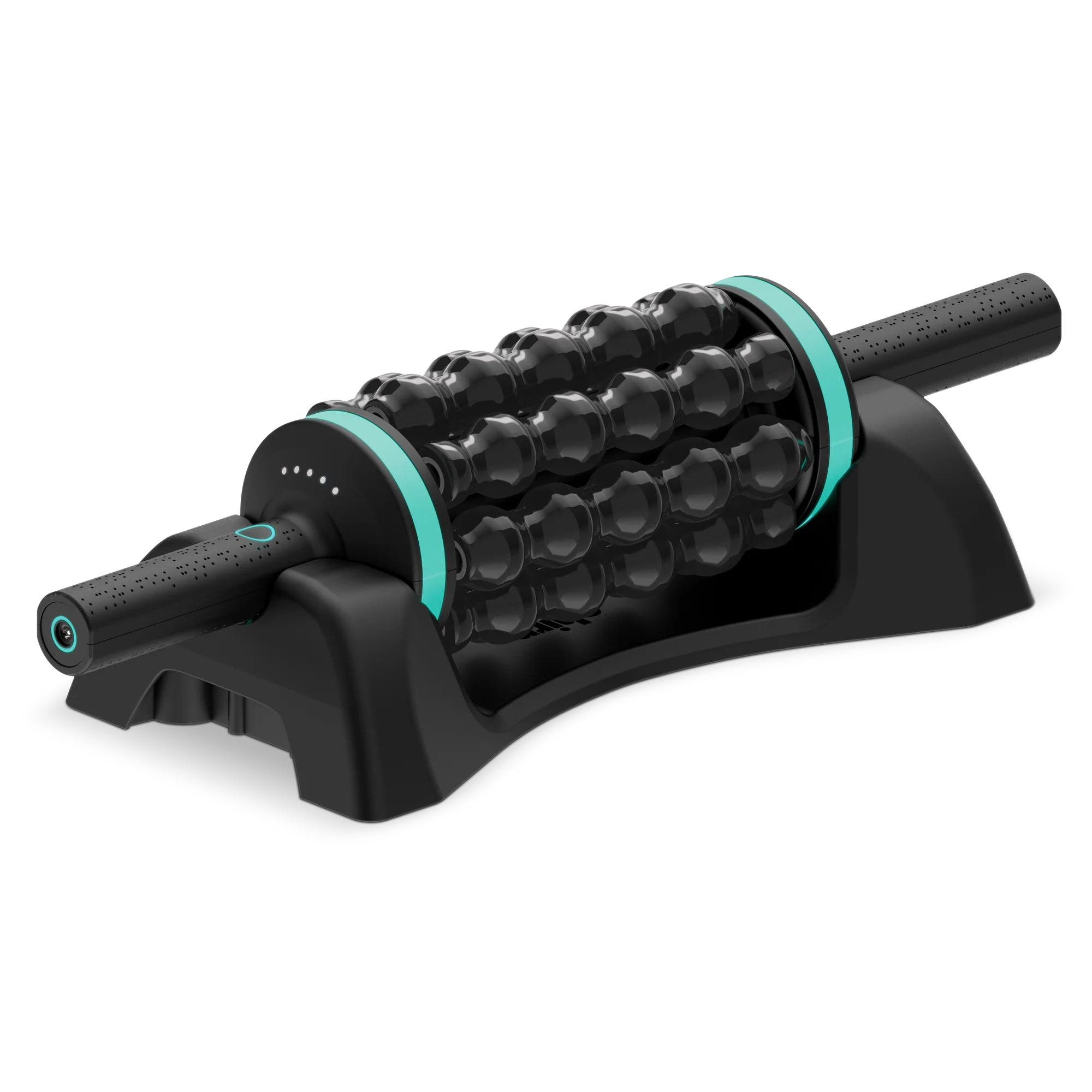 Black and teal massage roller with textured surface and charging dock