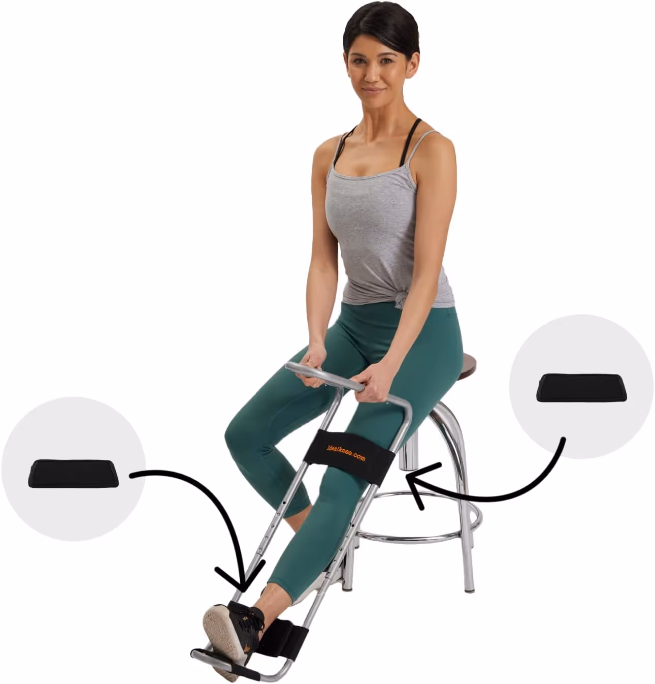 Woman demonstrating exercise on specialized fitness chair with leg support