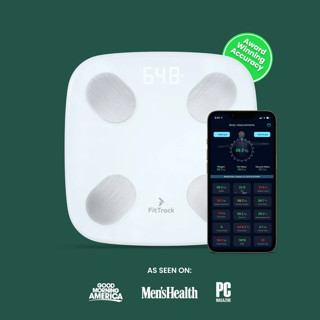FitTrack smart scale with smartphone app showing body measurement details