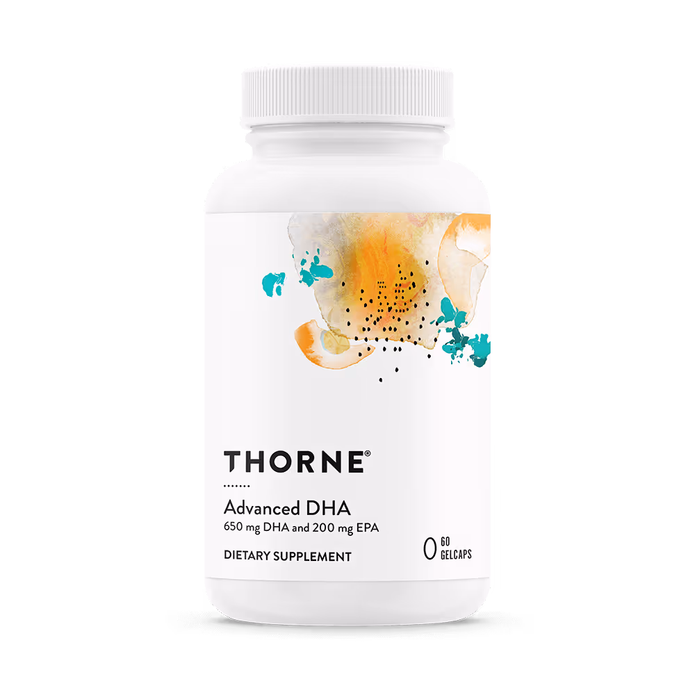 Thorne Advanced DHA supplement bottle with artistic watercolor design