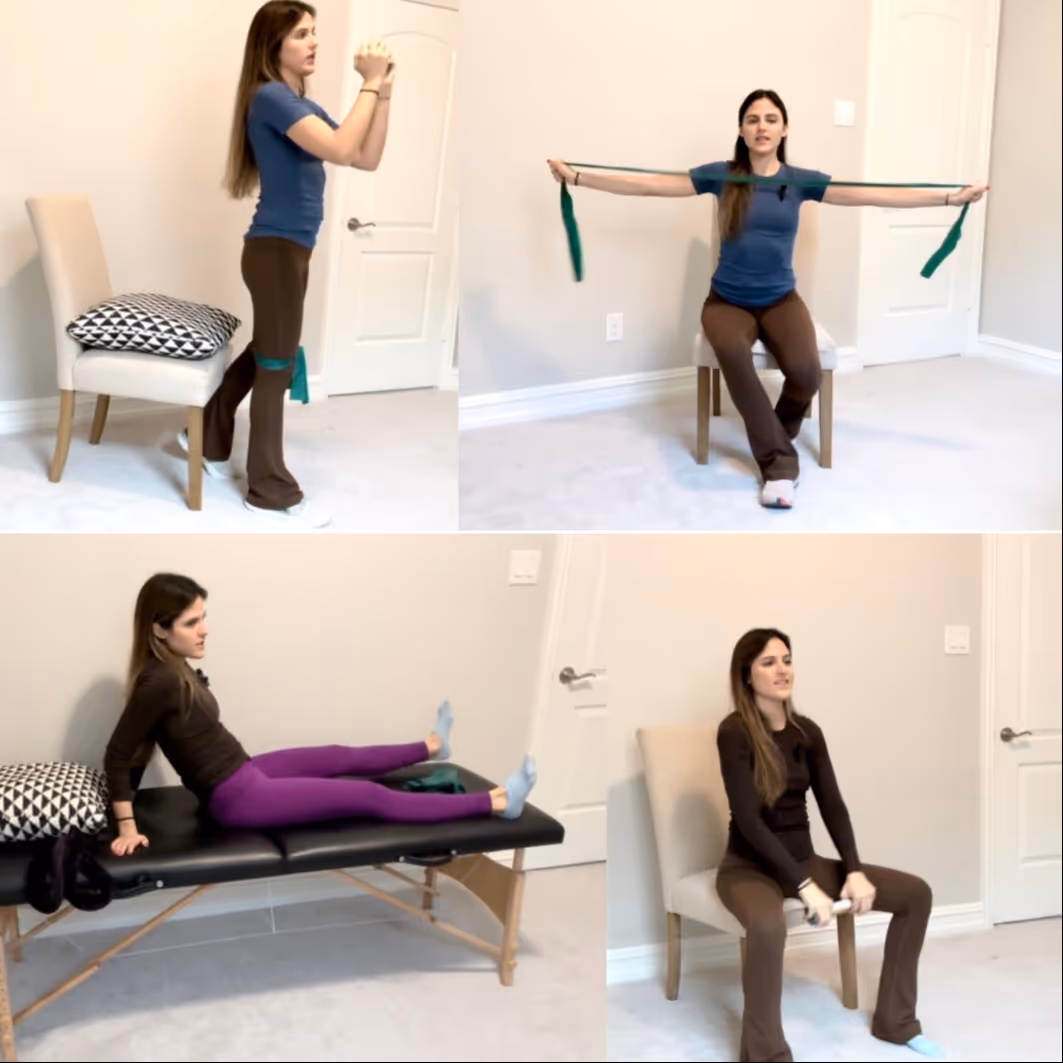 Physical therapy exercise demonstration with resistance band in four poses