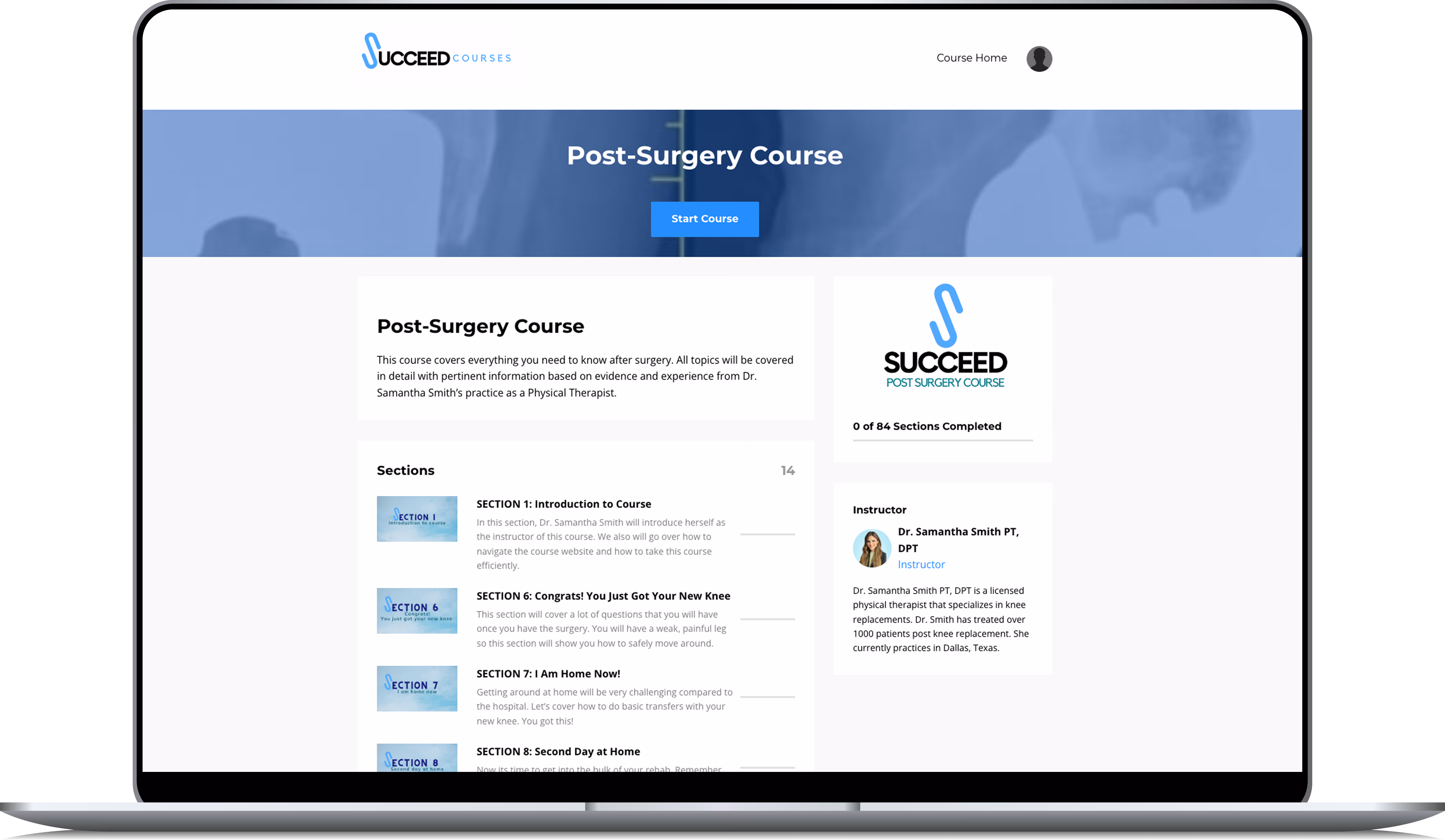 Succeed Courses post-surgery online learning platform with course sections