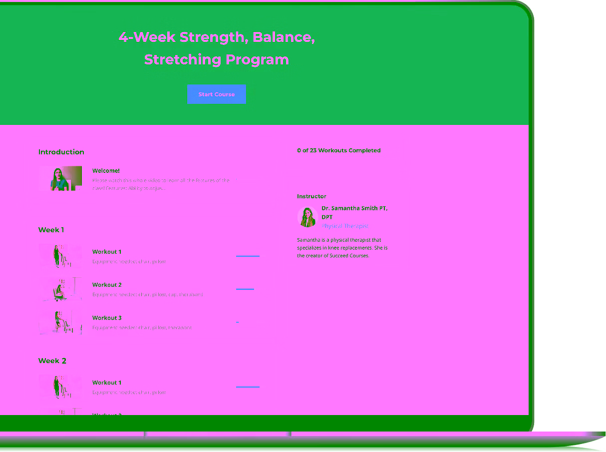 4-Week Strength, Balance, and Stretching Program interface with workouts