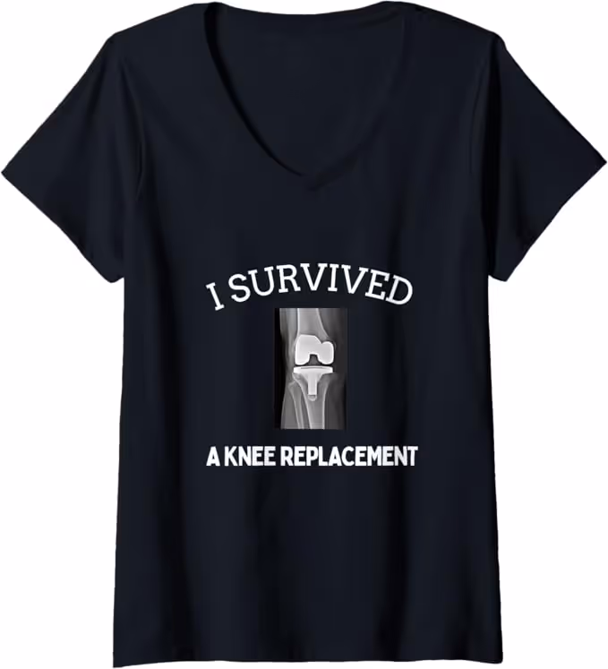 Black t-shirt with x-ray image and text 'I Survived a Knee Replacement'