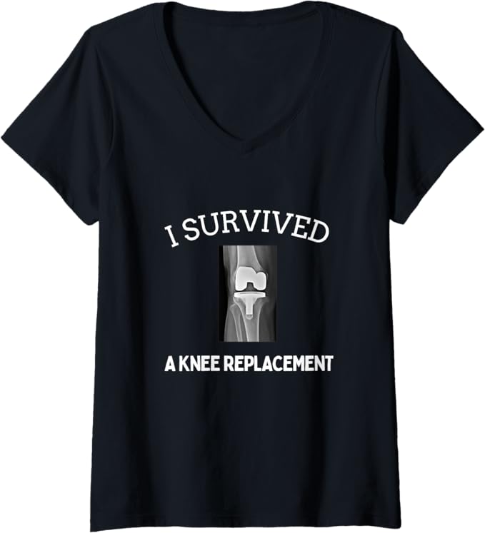 Black t-shirt with x-ray image and text 'I Survived a Knee Replacement'