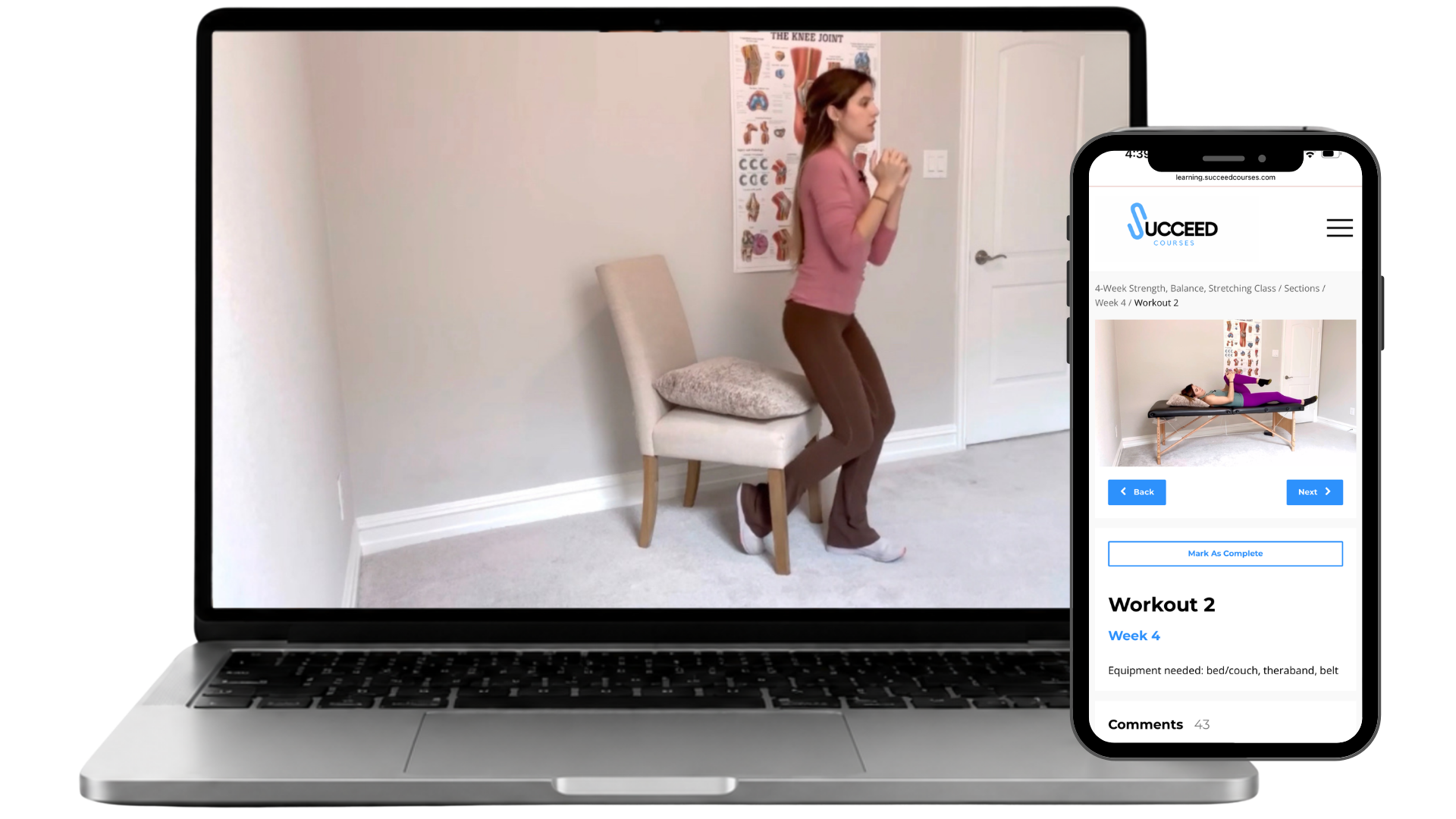 computer with woman demonstrating exercise. Phone display with woman demonstrating laying down exercises.
