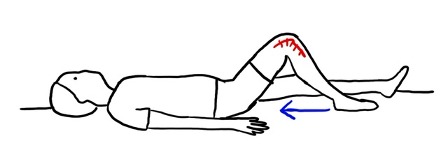 Stick figure demonstrating piriformis stretch with bent knee and blue arrow