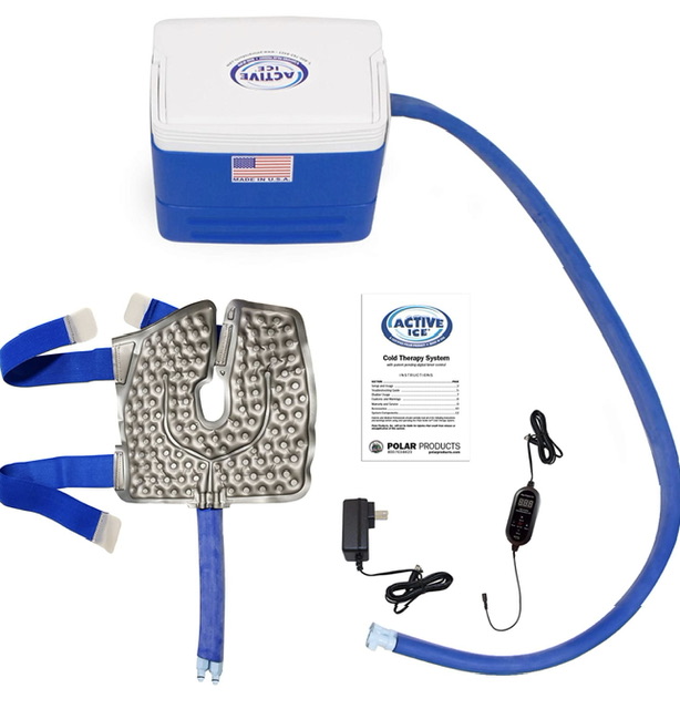 Active Ice cold therapy system with cooling pad, cooler, and power adapter