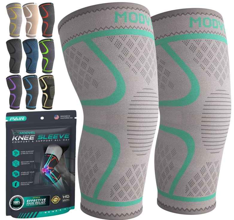 Moovl knee compression sleeves in multiple colors with product packaging