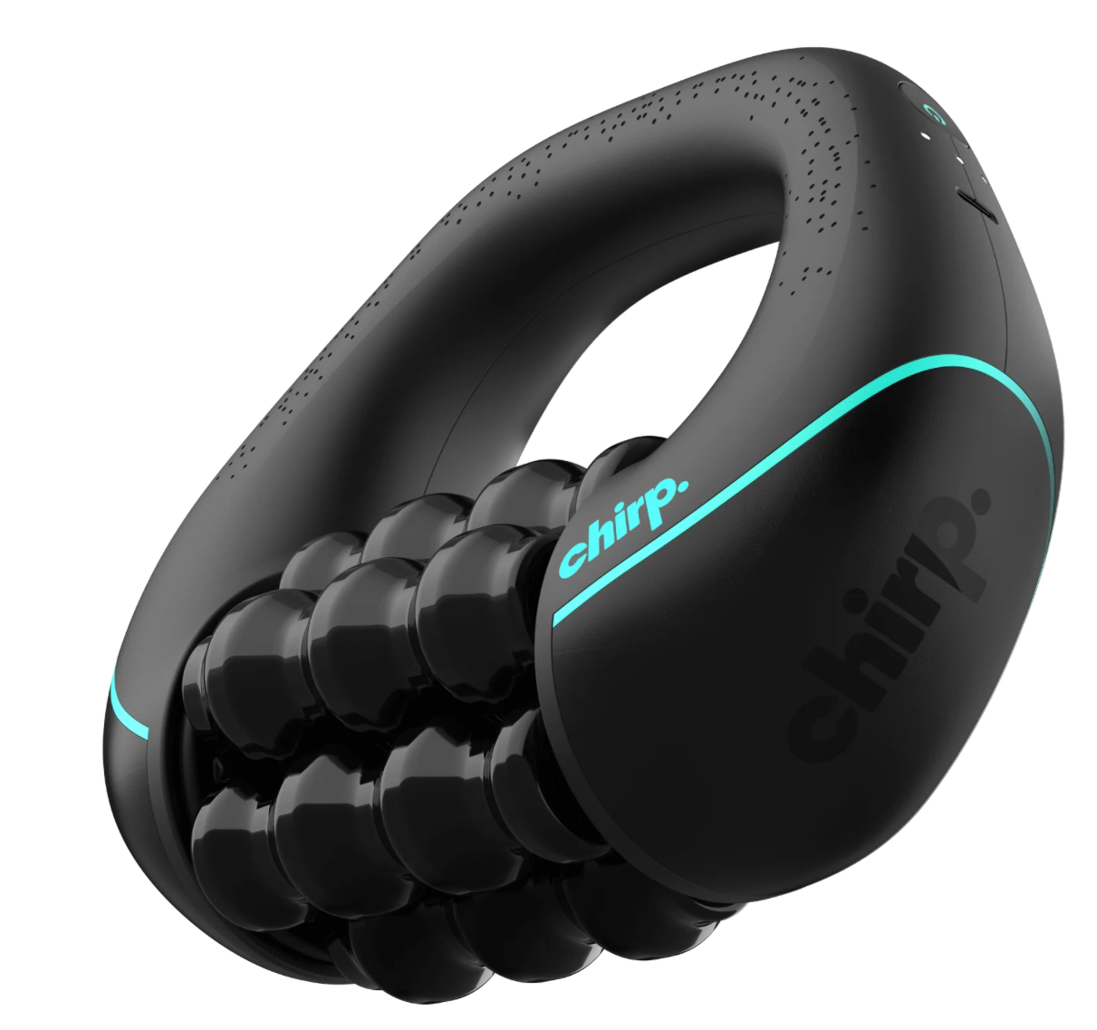 Black Chirp massage device with teal accent, curved ergonomic design