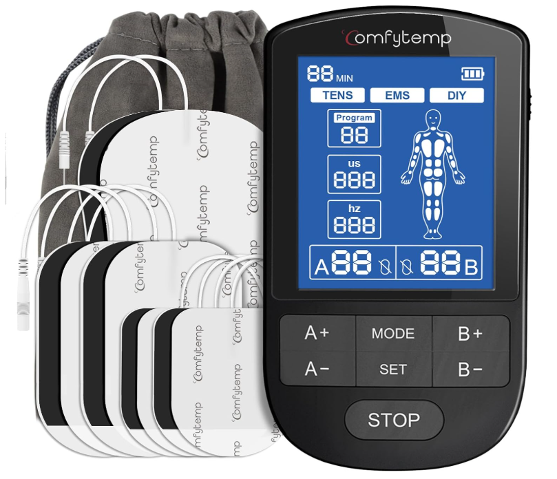 Comfytemp TENS EMS device with electrodes and carrying pouch