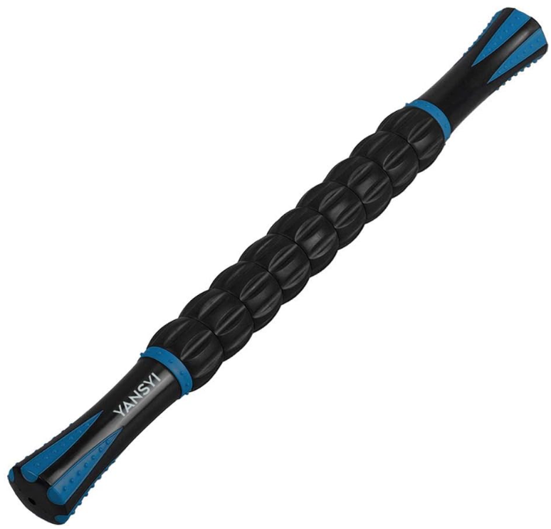 Black and blue muscle massage roller stick with textured surface