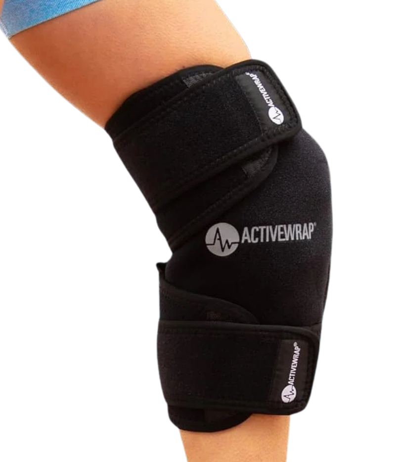 Black ActiveWrap knee support brace worn on a person's leg