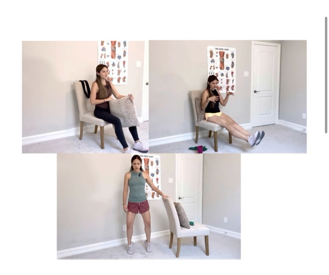 Woman demonstrating three different sitting and standing exercise poses