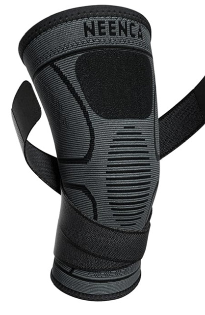 Gray and black knee brace with supportive compression design
