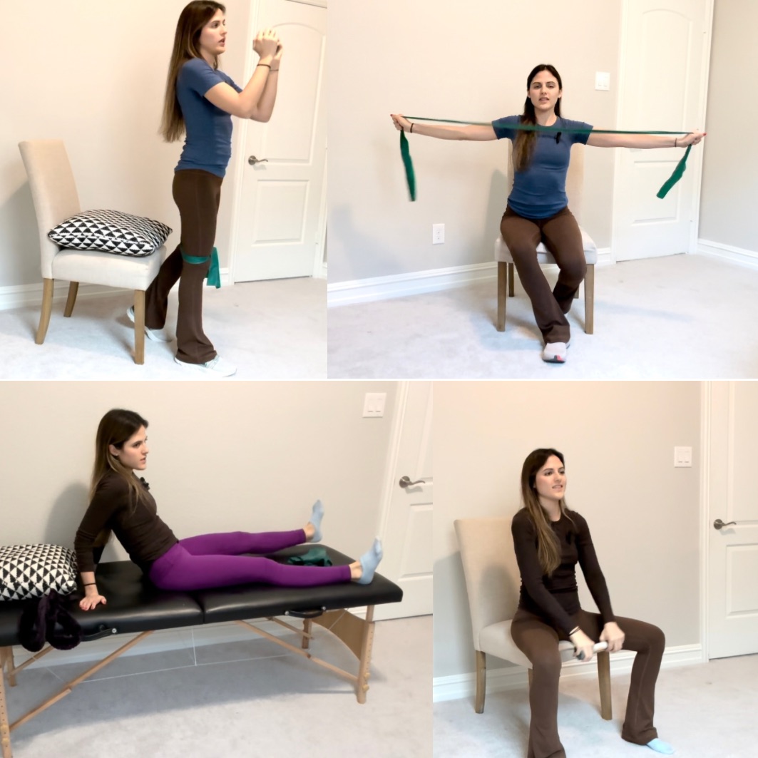 Physical therapy exercises with resistance bands in different seated positions