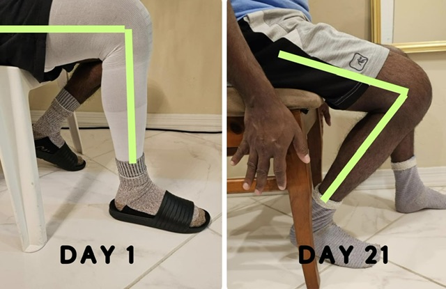Leg progress comparison showing improved flexibility from day 1 to day 21