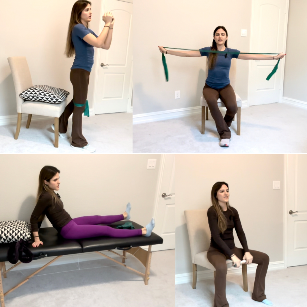 Woman demonstrating physical therapy exercises with resistance bands