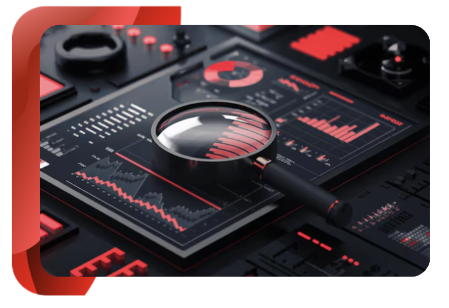 A magnifying glass rests on a futuristic digital dashboard featuring data charts, graphs, and technical indicators.