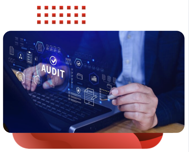 A person uses a laptop with a glowing digital "AUDIT" interface overlay featuring cybersecurity icons and data charts.