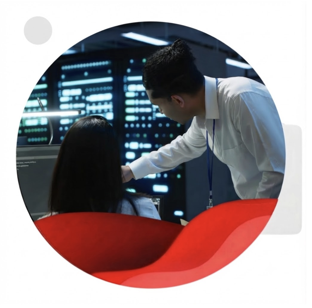 Two professionals in a data center discussing a backup and recovery plan