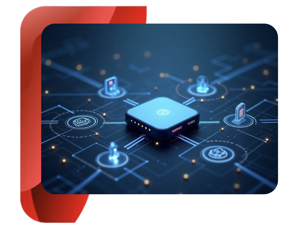 A central device connected to various IoT and cloud services providers via glowing digital network lines.