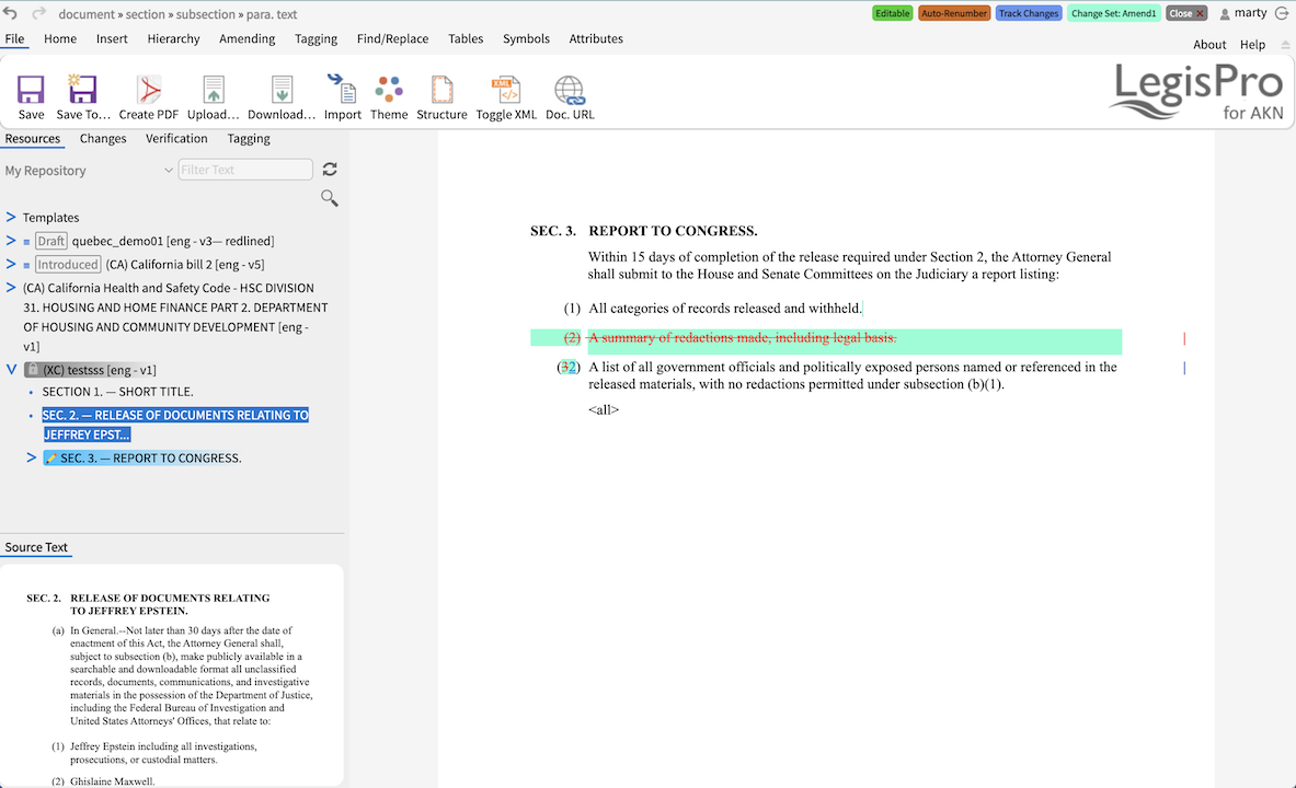 Screenshot of LegisPro doing tracked changes