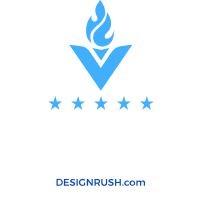 Blue flame logo with five stars above the text 'Top Video Production Company' and a 'DesignRush.com' banner.