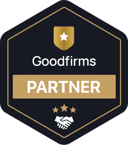 Goodfirms Partner badge with a gold shield, white star, and handshake icon with three stars inside a black hexagon.