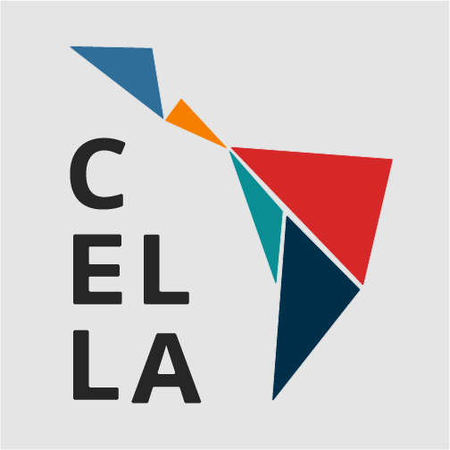 Small logo with Latin America on the side simplified in 5 colored triangles. 
