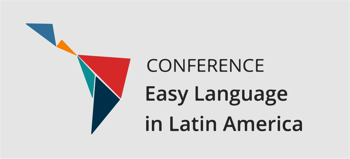Logo reading " Conference Easy Language in Latin America" with Latin America on the side simplified in 5 colored triangles