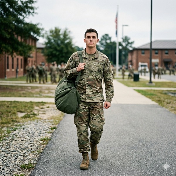 A new service member walking onto base with a duffel bag