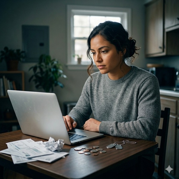 A young service member reviewing finances on a laptop