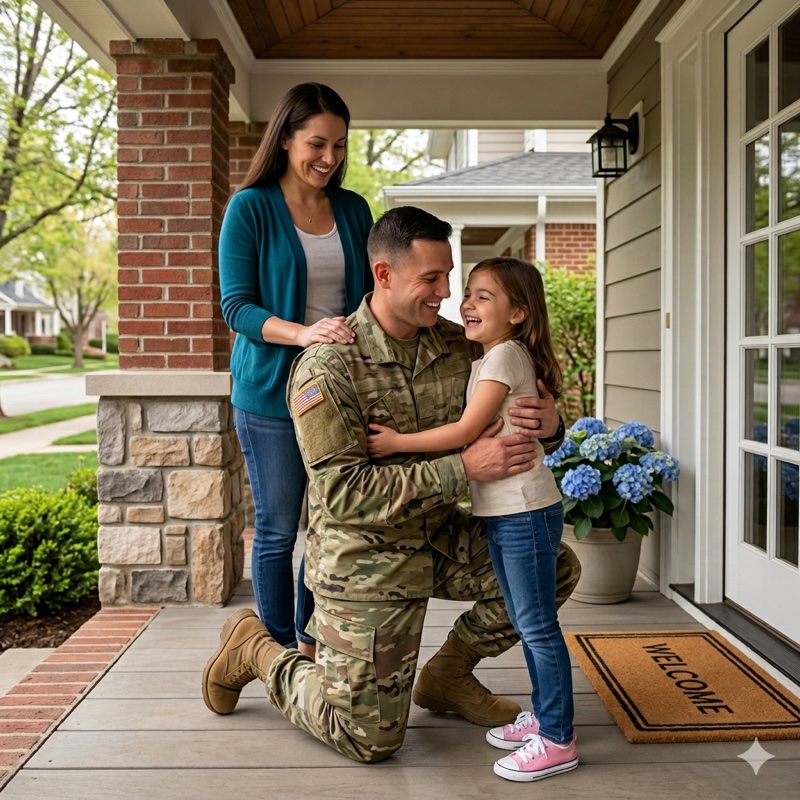 A service member greeting their family at home
