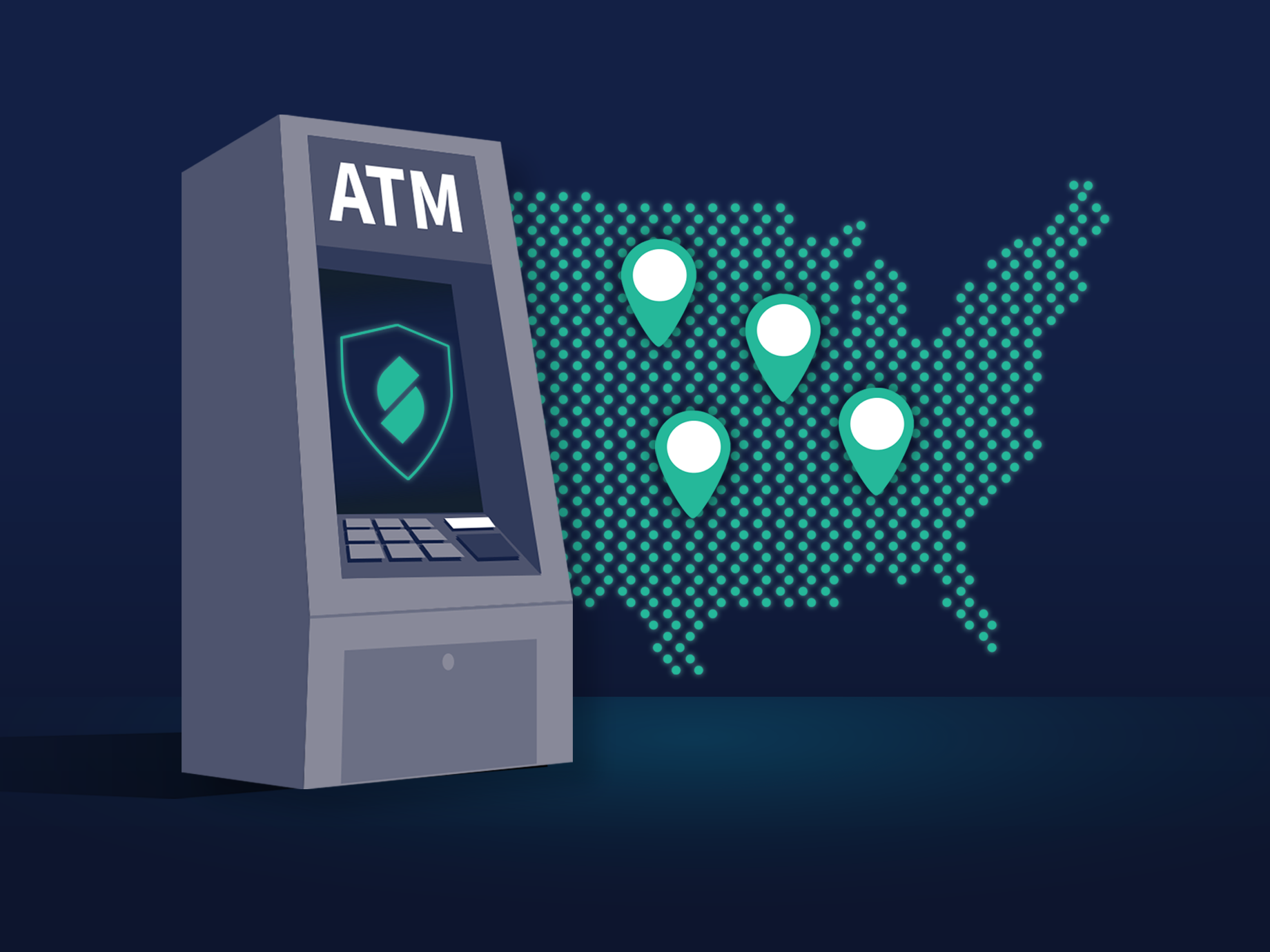 ATM machine with US map showing nationwide coverage