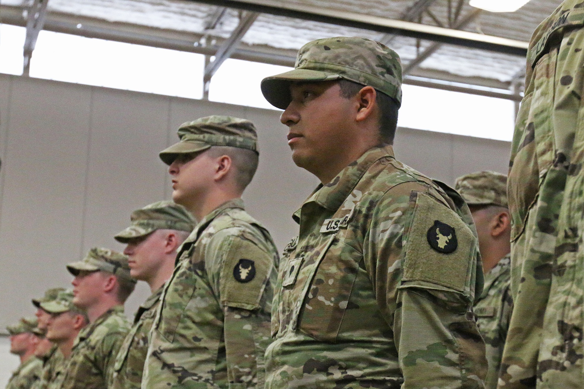 National Guard soldiers stand in formation during a drill ceremony
