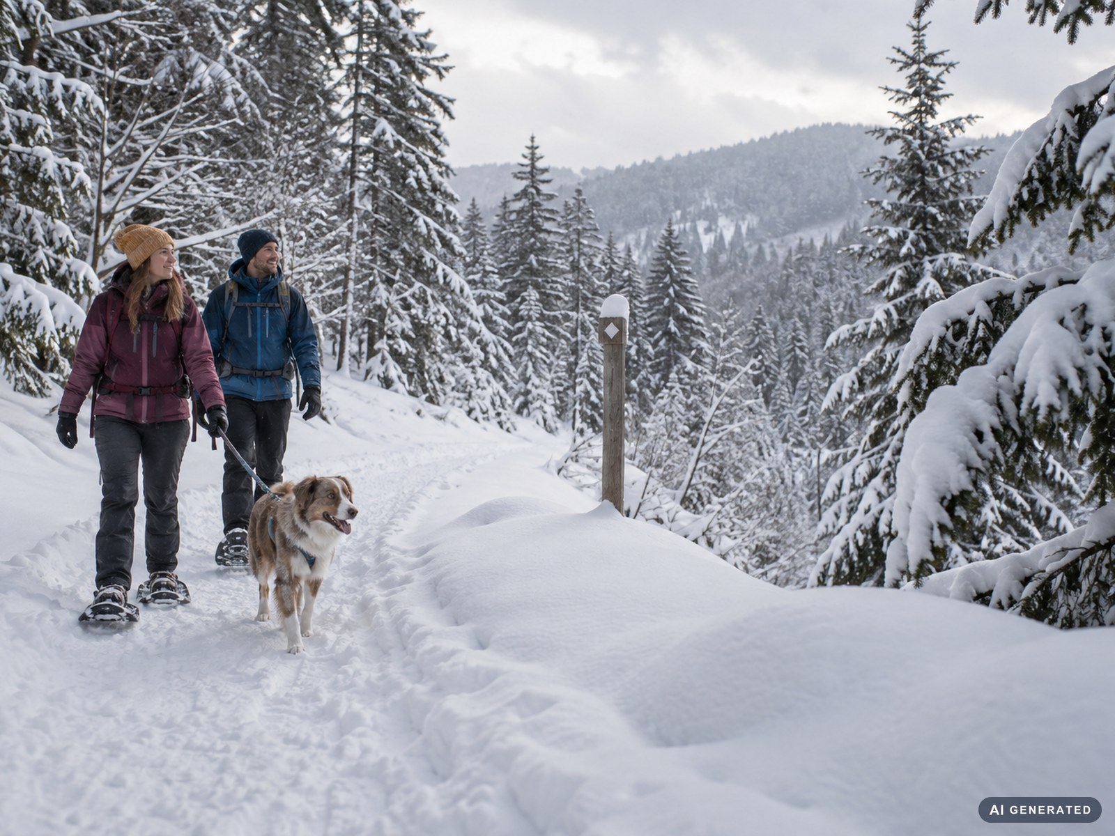 Paar auf Schneeschuhen mit angeleintem Hund im verschneiten Wald (KI-generiertes Symbolbild)