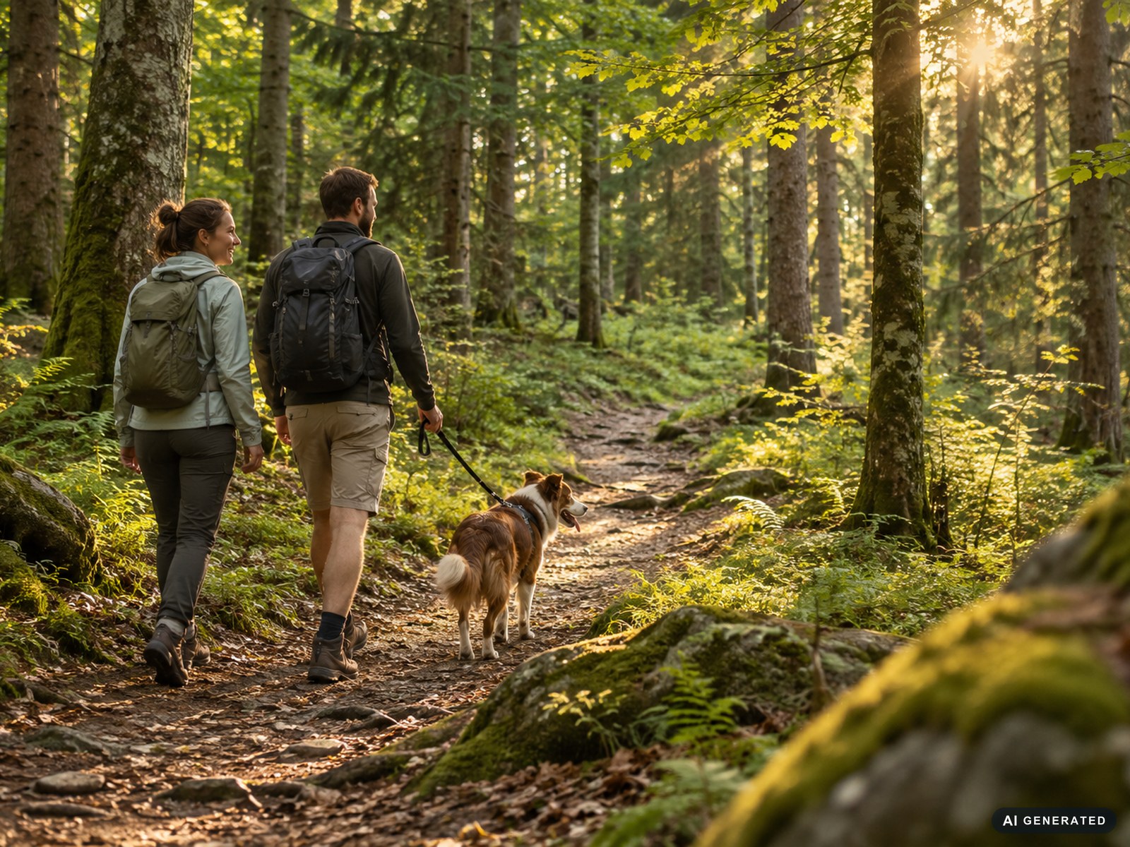 Paar wandert mit angeleintem Hund auf einem Waldweg (KI-generiertes Symbolbild)