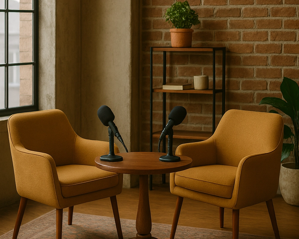 two chairs facing each other with podcast mics on a table between them