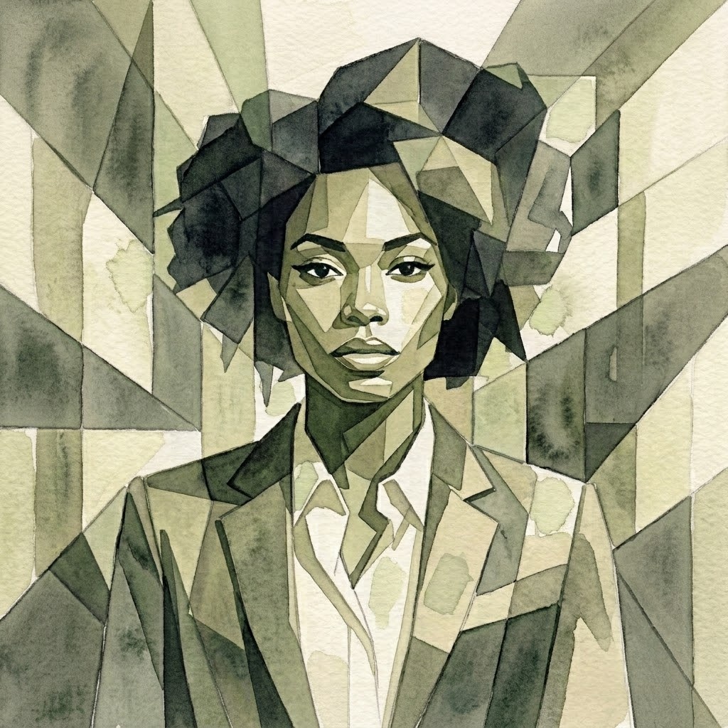 Geometric watercolour portrait of a leader in a suit, built from slate, ochre and lime facets on deckled paper; signed Mark D. Benson, 2026.