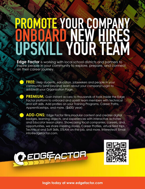 Promotional flyer encouraging companies to promote onboarding and upskilling of new hires with Edge Factor, detailing free, premium, and add-on services, alongside a QR code and website link.