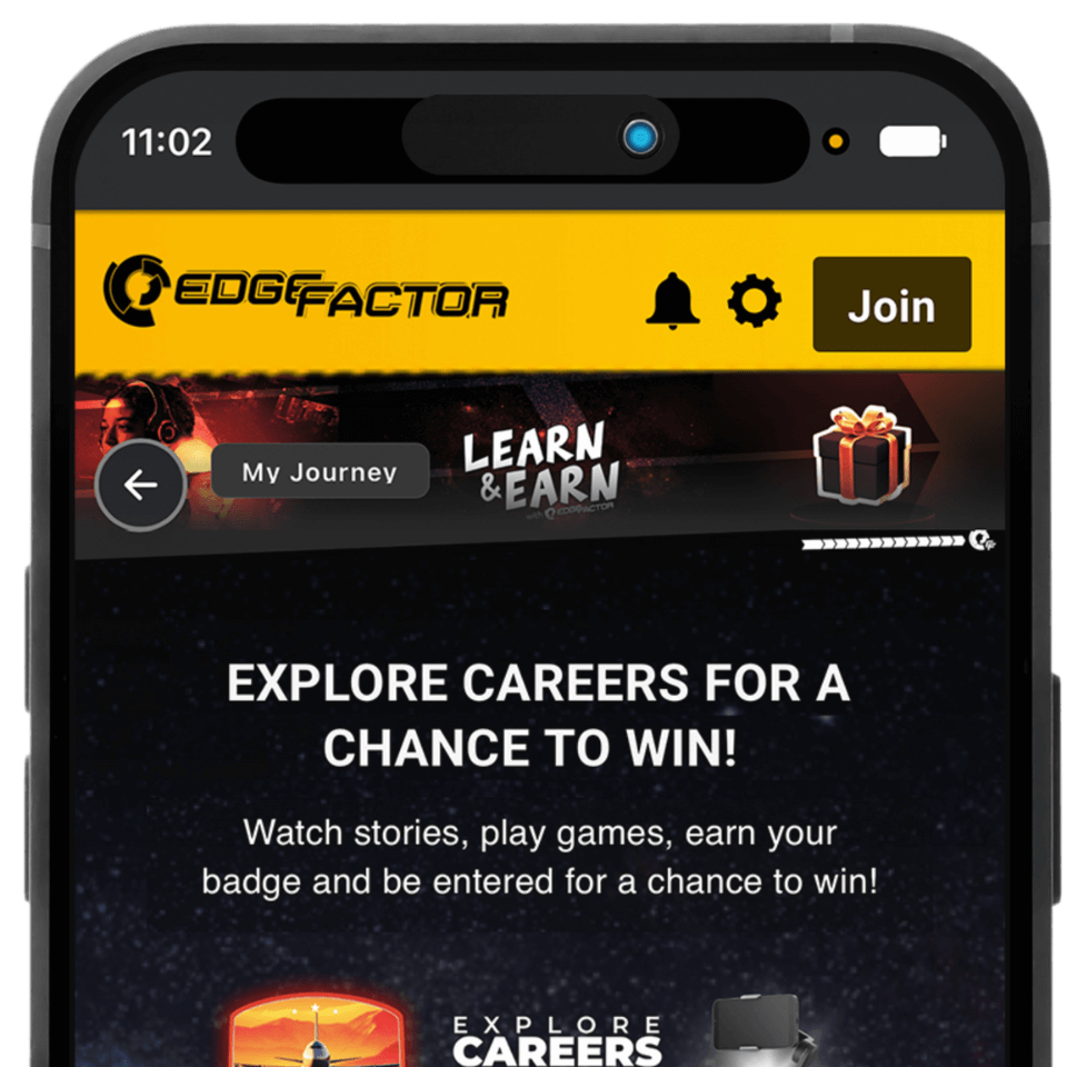 Mobile screen showing Edge Factor's Learn & Earn page with message to explore careers for a chance to win by watching stories, playing games, and earning badges.