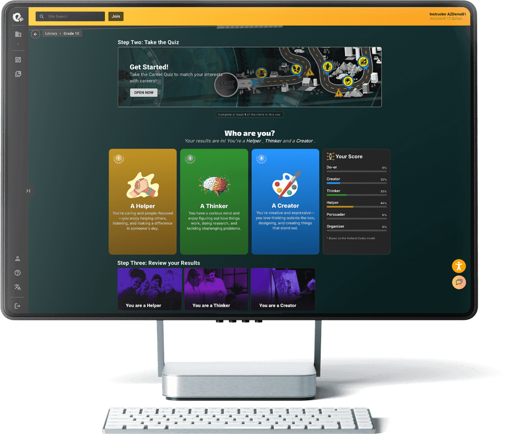 Desktop computer displaying the Edge Factor Student Level Pages interactive quiz interface with personality types Helper, Thinker, and Creator and a score summary.
