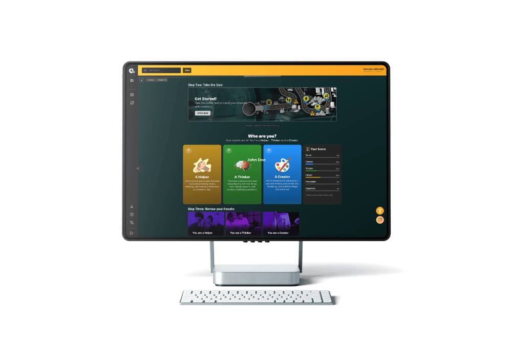 Desktop computer displaying the Edge Factor Student Level Pages interactive quiz interface with personality types Helper, Thinker, and Creator and a score summary.