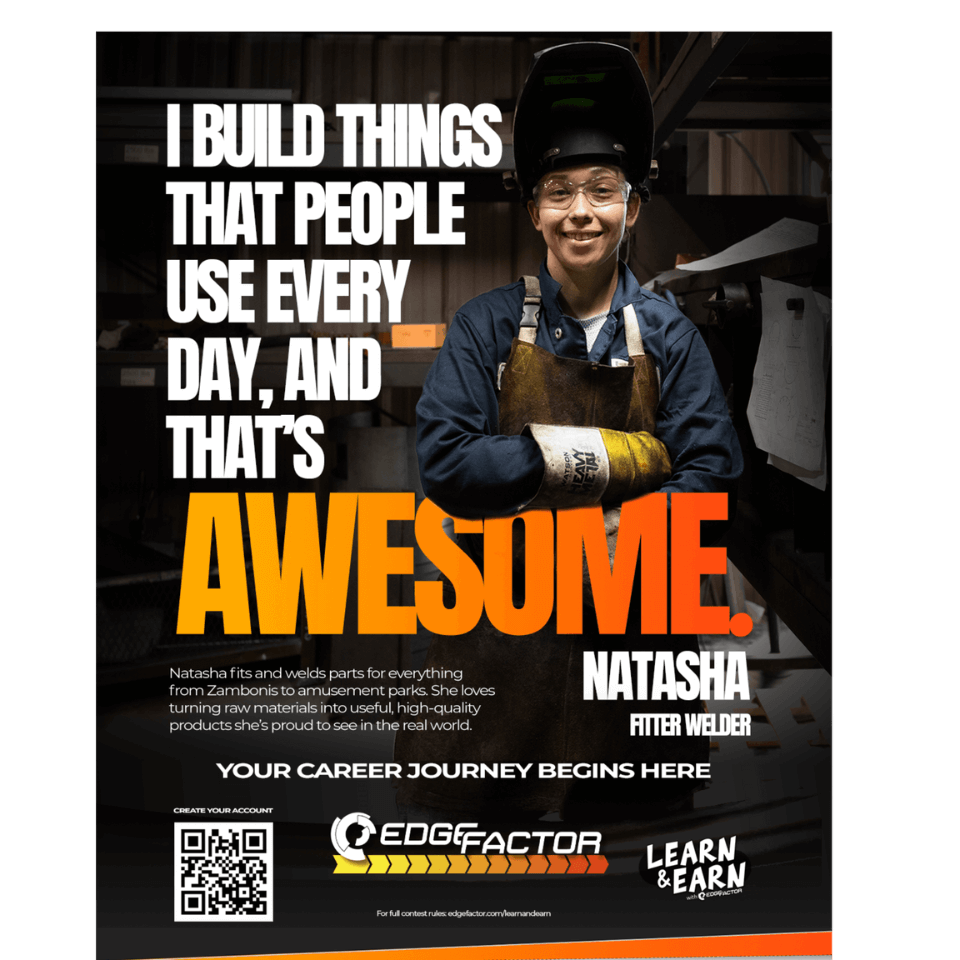 Smiling woman in welding gear, including helmet and gloves, standing with crossed arms in a workshop with text about building everyday things.