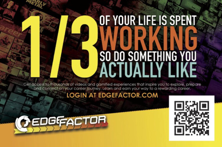 Postcard challenging students to find a career that they actually like as 1/3 of their life is spent working.